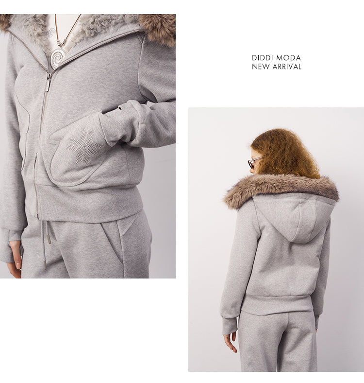 Mitten Pocket Hoodie With Removable Fur / Flared Pants