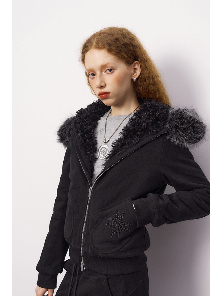 Mitten Pocket Hoodie With Removable Fur / Flared Pants