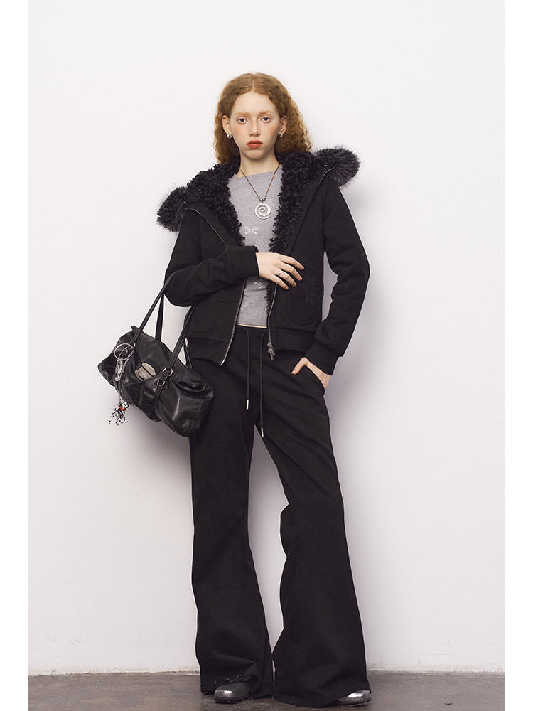 Mitten Pocket Hoodie With Removable Fur / Flared Pants