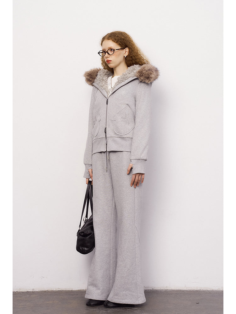 Mitten Pocket Hoodie With Removable Fur / Flared Pants