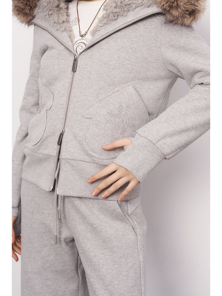 Mitten Pocket Hoodie With Removable Fur / Flared Pants