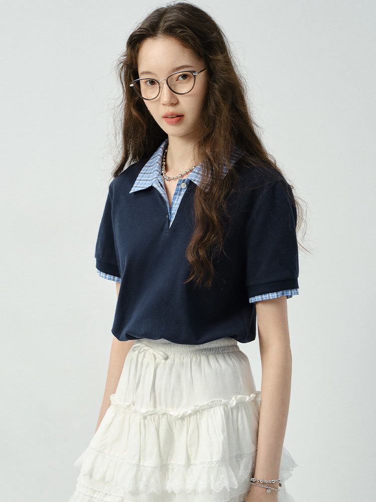 Plaid Accent Layered-Look Polo Shirt