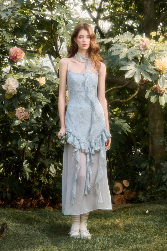 Ruffled Lace Chiffon Slip Dress & Matching Scarf