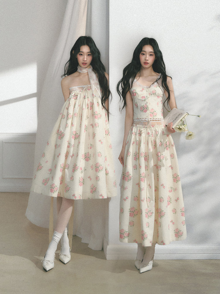 Floral Lace-Accent Sleeveless Top & Skirt