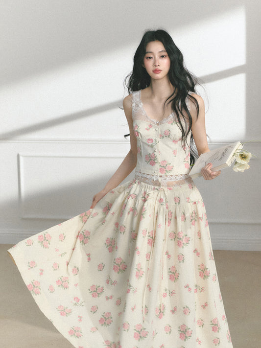 Floral Lace-Accent Sleeveless Top & Skirt
