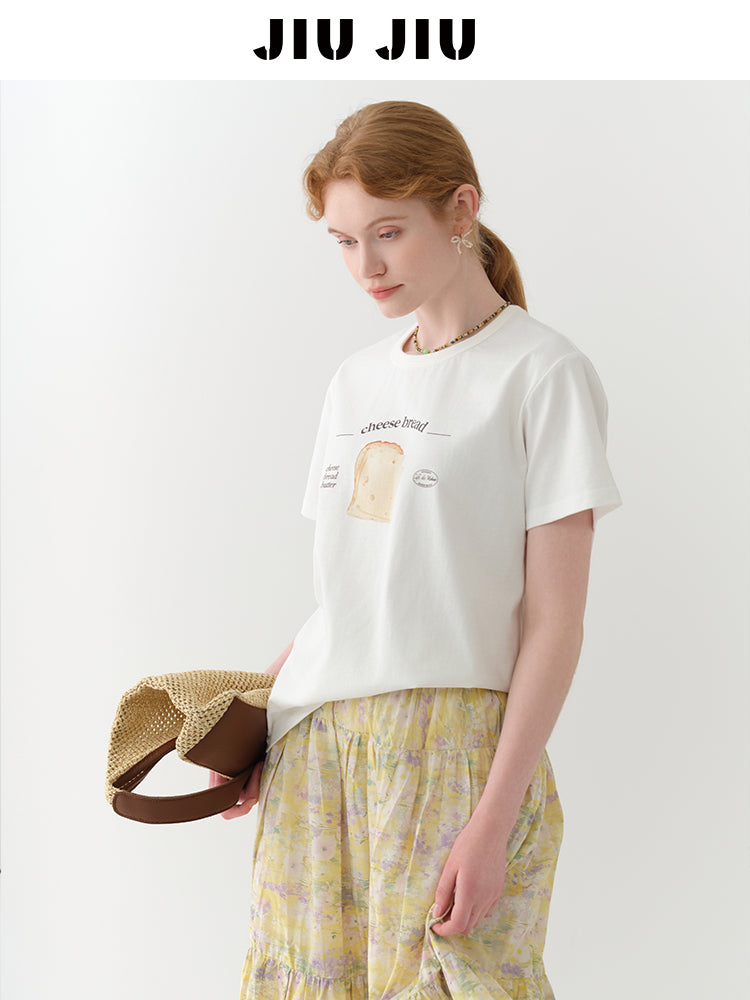 Cheese Bread Print Cotton T-Shirt