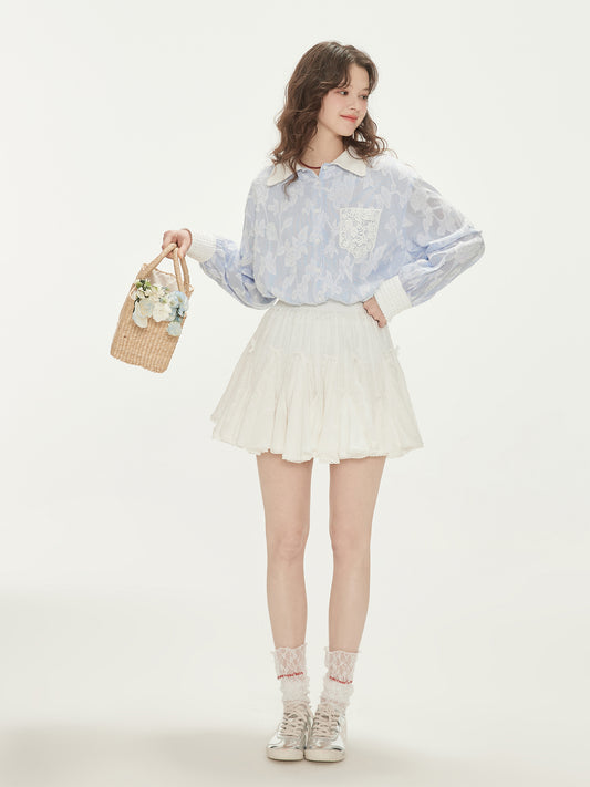 Floral Lace Striped Cotton Shirt With Knitted Details