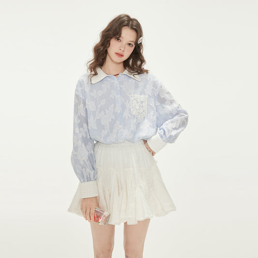 Floral Lace Striped Cotton Shirt With Knitted Details