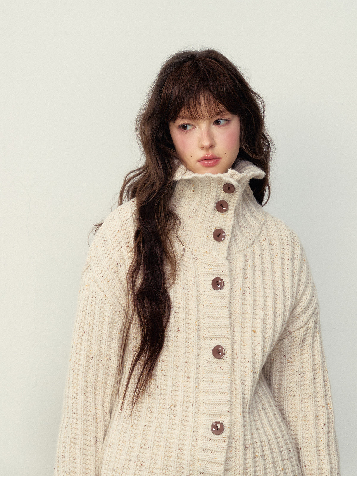 Twisted Knit Relaxed Fit High Neck Cardigan
