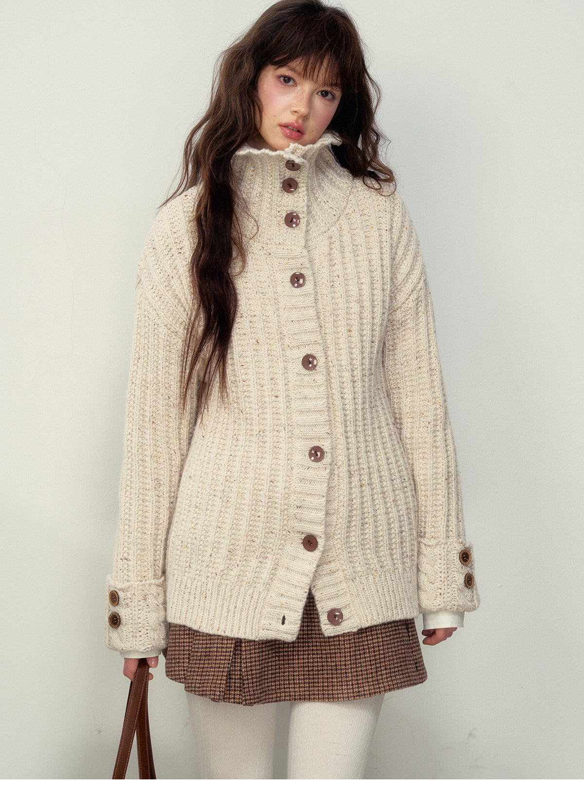 Twisted Knit Relaxed Fit High Neck Cardigan