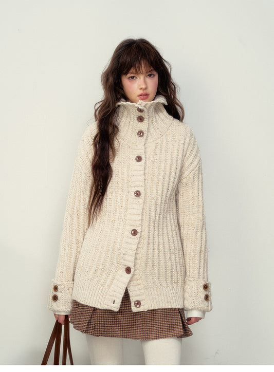 Twisted Knit Relaxed Fit High Neck Cardigan