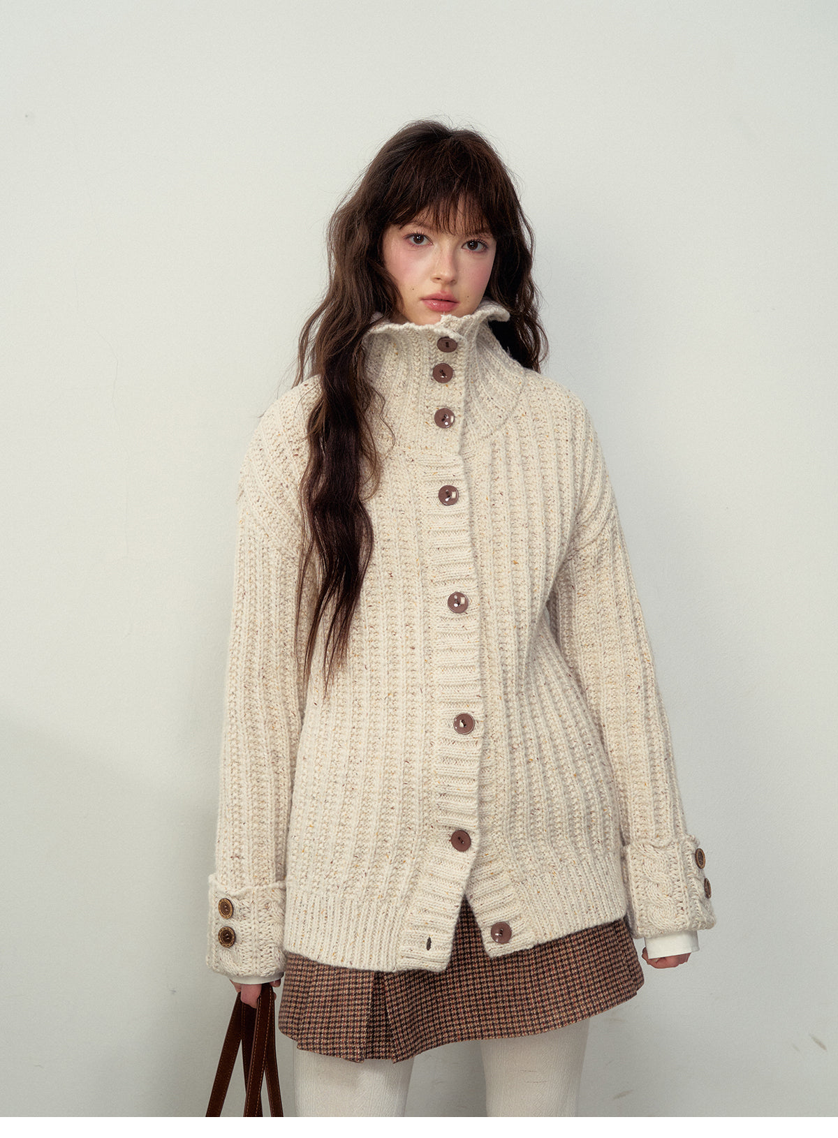 Twisted Knit Relaxed Fit High Neck Cardigan