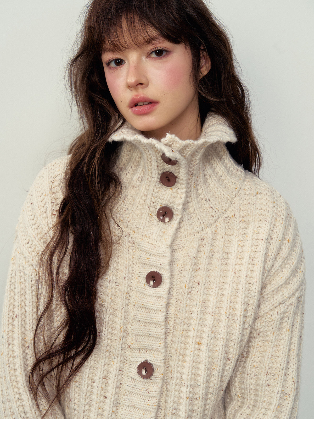 Twisted Knit Relaxed Fit High Neck Cardigan