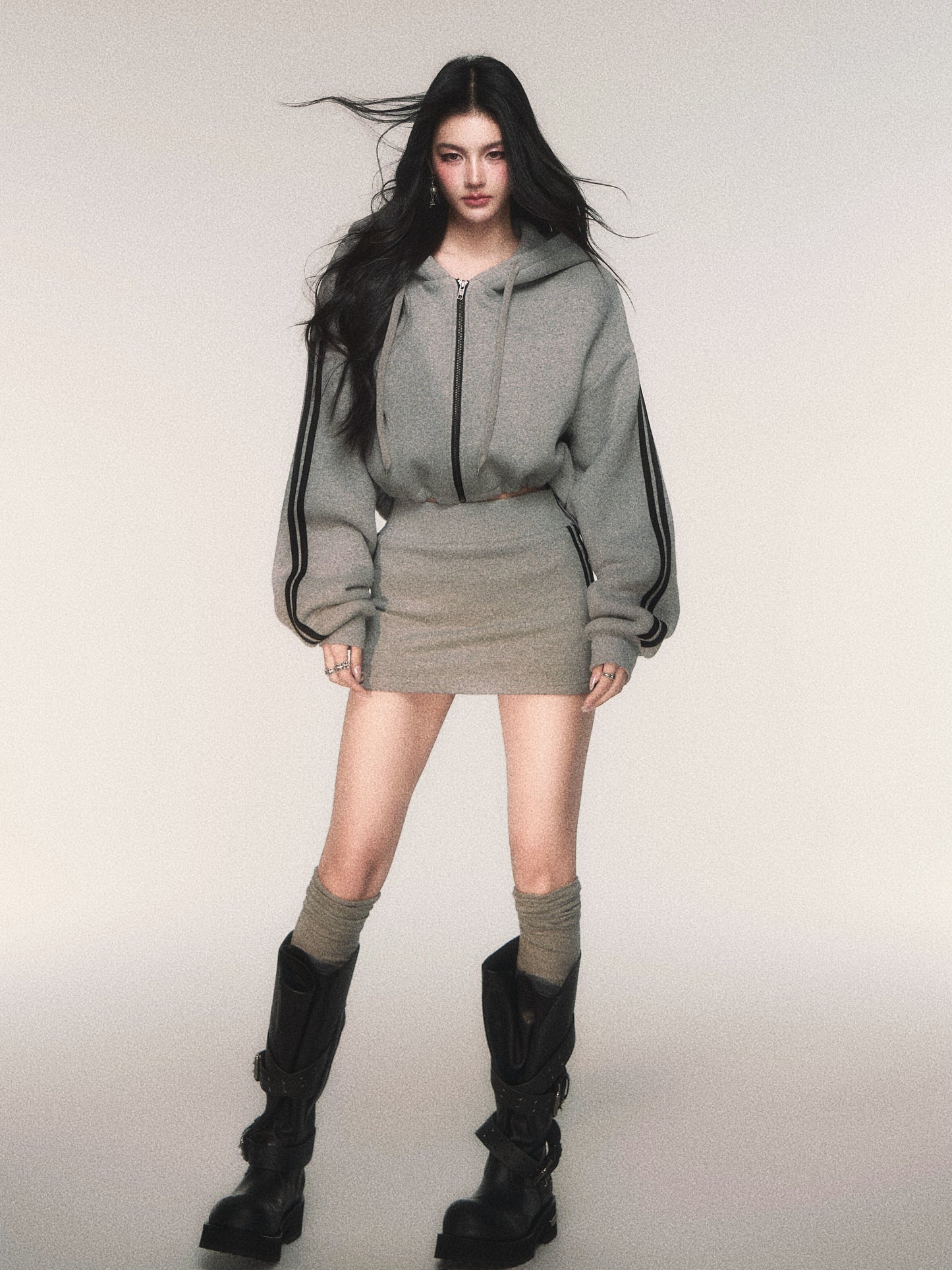 Fleece-Lined Hoodie & Skirt With Stripe Detail