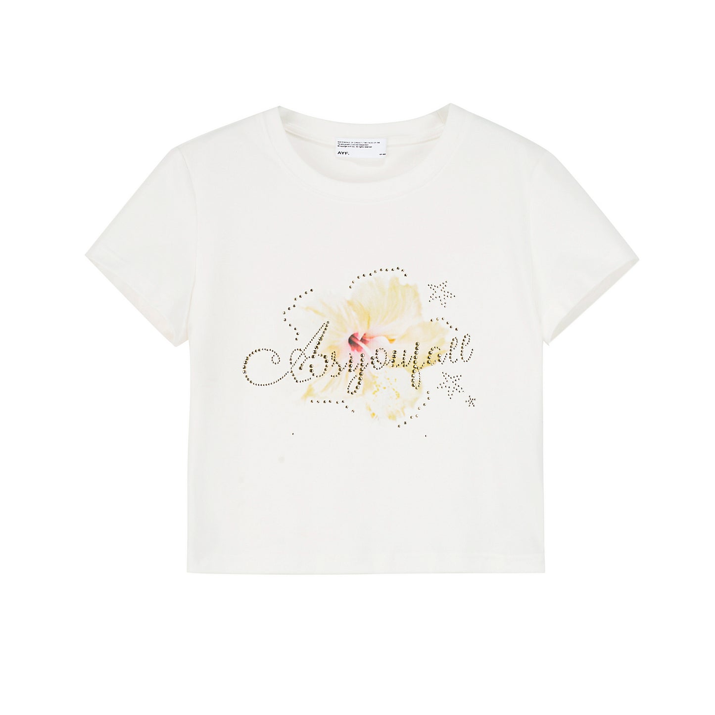 Cropped Ribbed T-Shirt With Rhinestone Flower Print