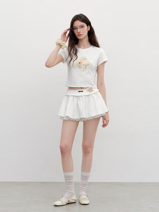Cropped Ribbed T-Shirt With Rhinestone Flower Print