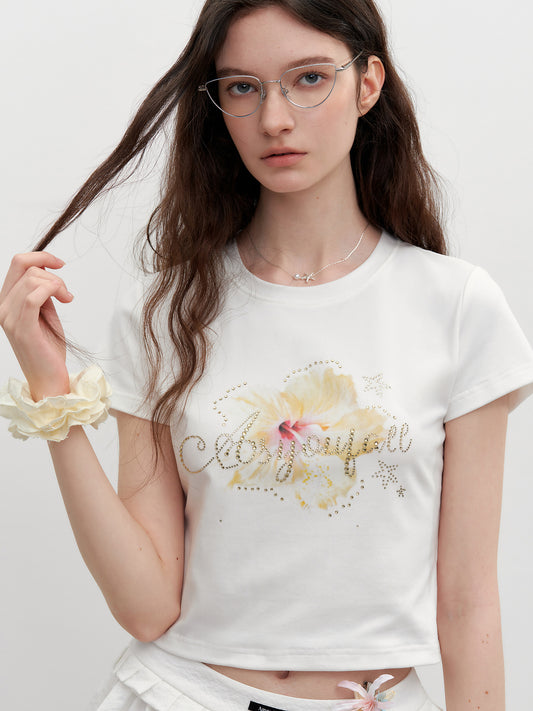 Cropped Ribbed T-Shirt With Rhinestone Flower Print