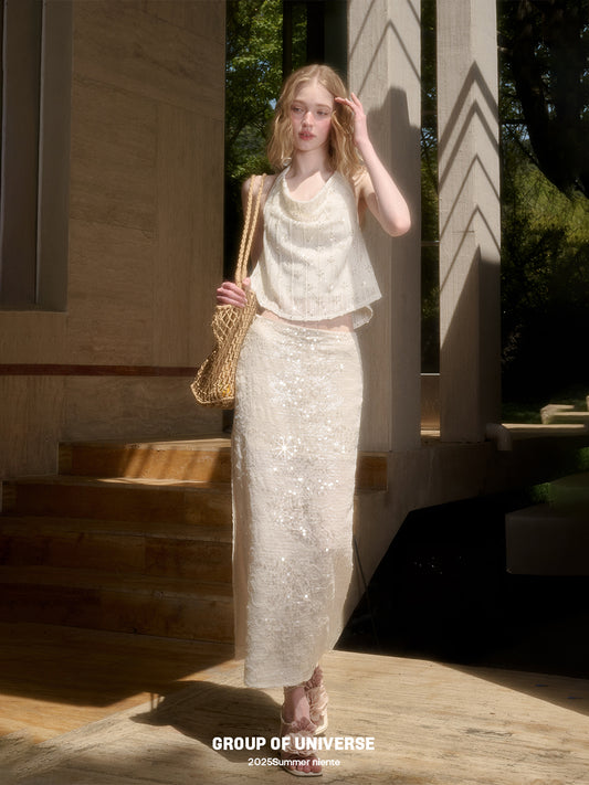 Sparkling Sequin Halter Top & Slit Skirt