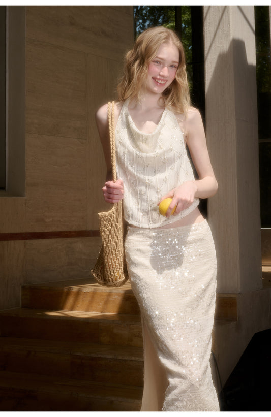 Sparkling Sequin Halter Top & Slit Skirt