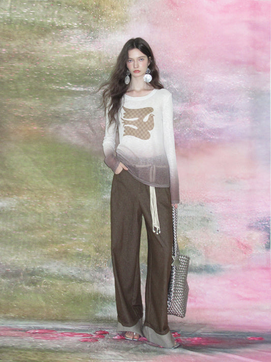 Soft Gradient Bird Motif Knit Pullover