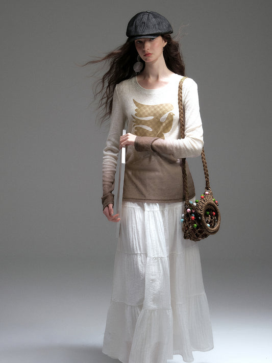 Soft Gradient Bird Motif Knit Pullover