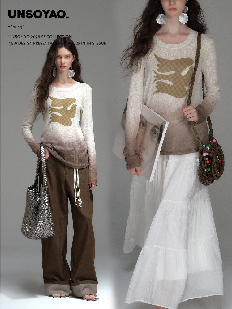 Soft Gradient Bird Motif Knit Pullover