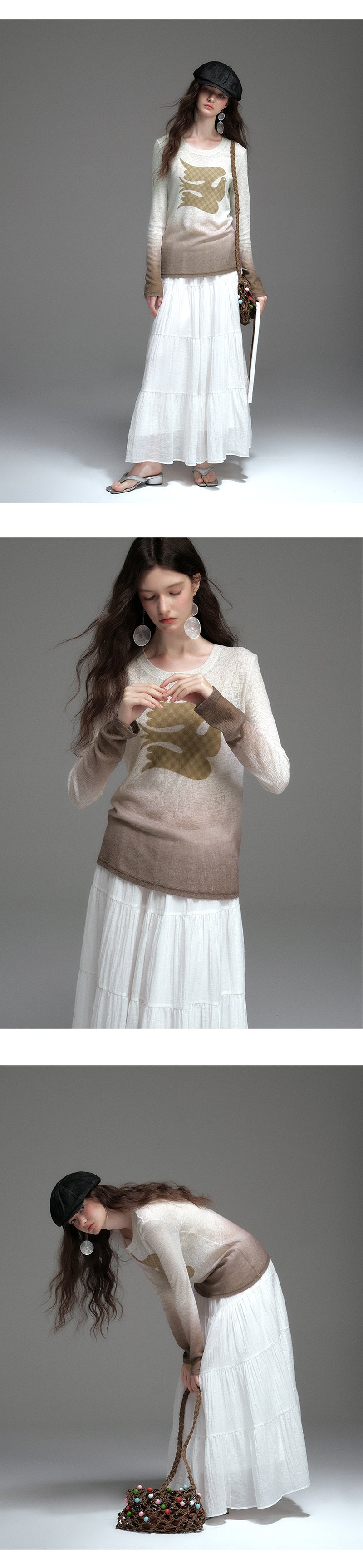Soft Gradient Bird Motif Knit Pullover