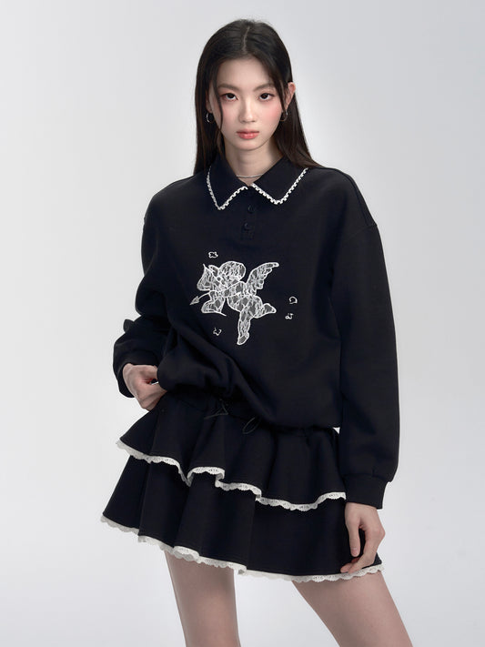 Adjustable Waist Cotton Jersey Dress With Lace Angel Patch