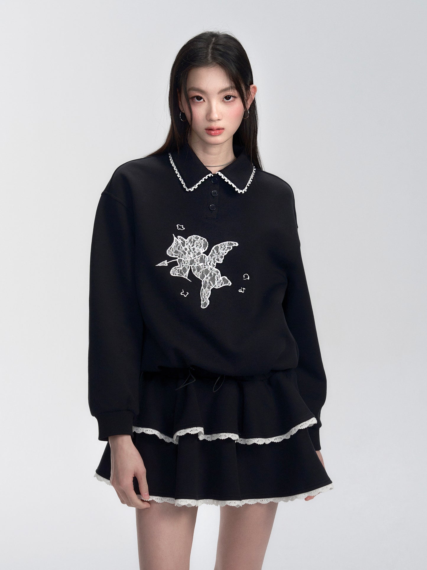 Adjustable Waist Cotton Jersey Dress With Lace Angel Patch