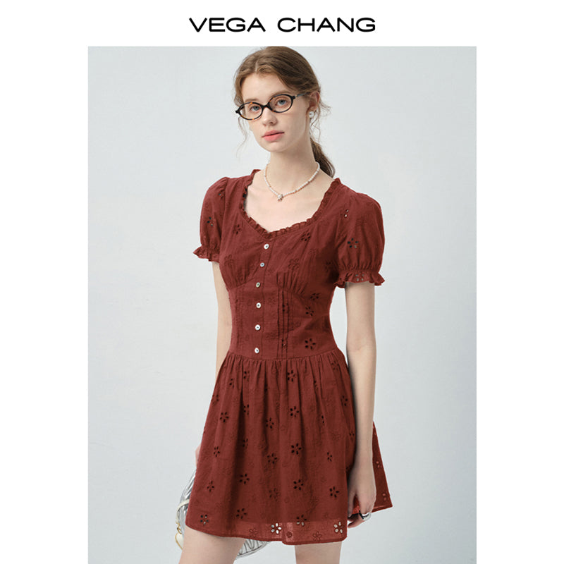 Eyelet Embroidered Puff-Sleeve Dress