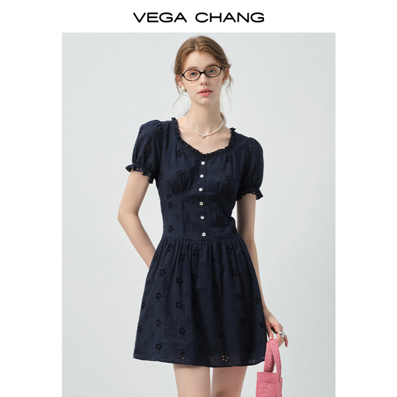 Eyelet Embroidered Puff-Sleeve Dress