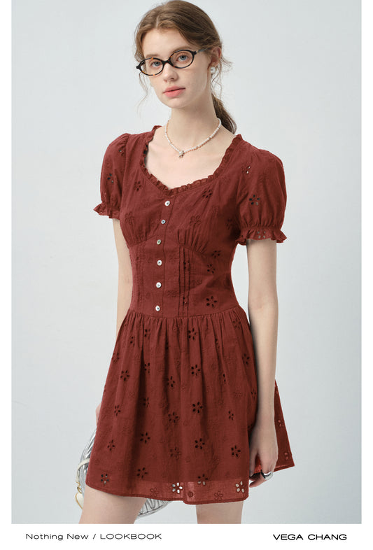 Eyelet Embroidered Puff-Sleeve Dress