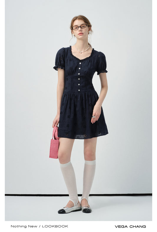 Eyelet Embroidered Puff-Sleeve Dress