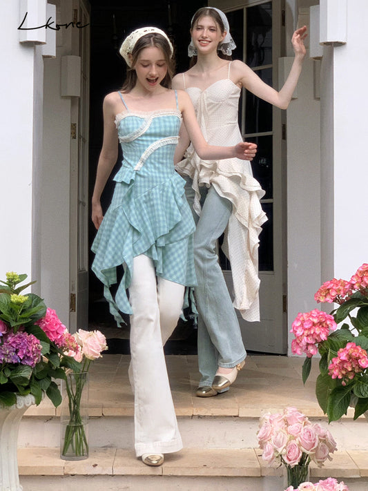 Asymmetrical Plaid Ruffle Cami Dress & Bootcut Jeans