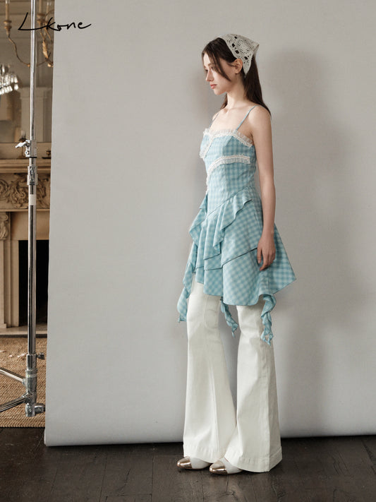 Asymmetrical Plaid Ruffle Cami Dress & Bootcut Jeans