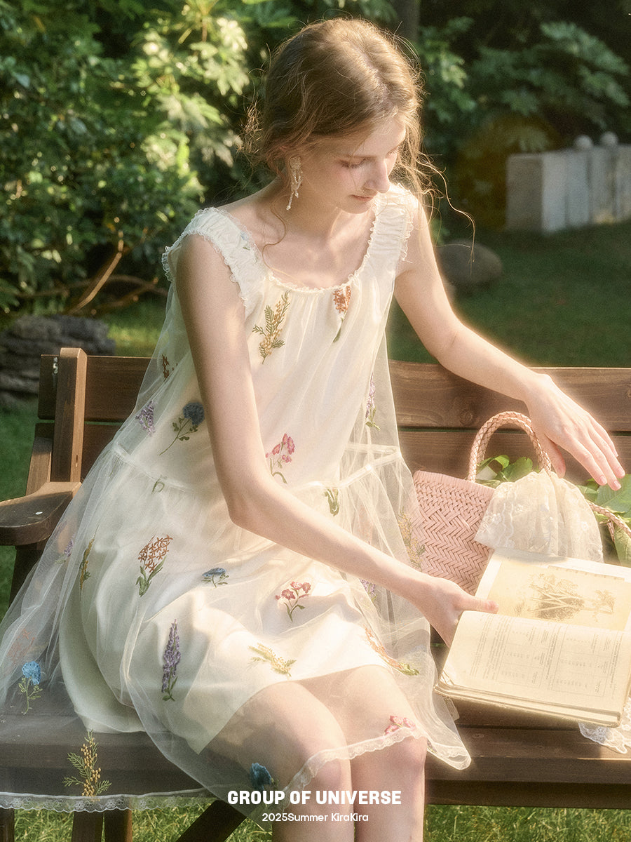 Gathered Sheer Floral Embroidered Midi Dress