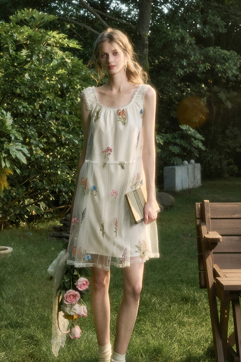 Gathered Sheer Floral Embroidered Midi Dress