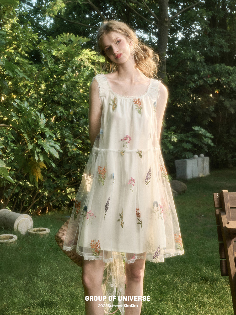 Gathered Sheer Floral Embroidered Midi Dress