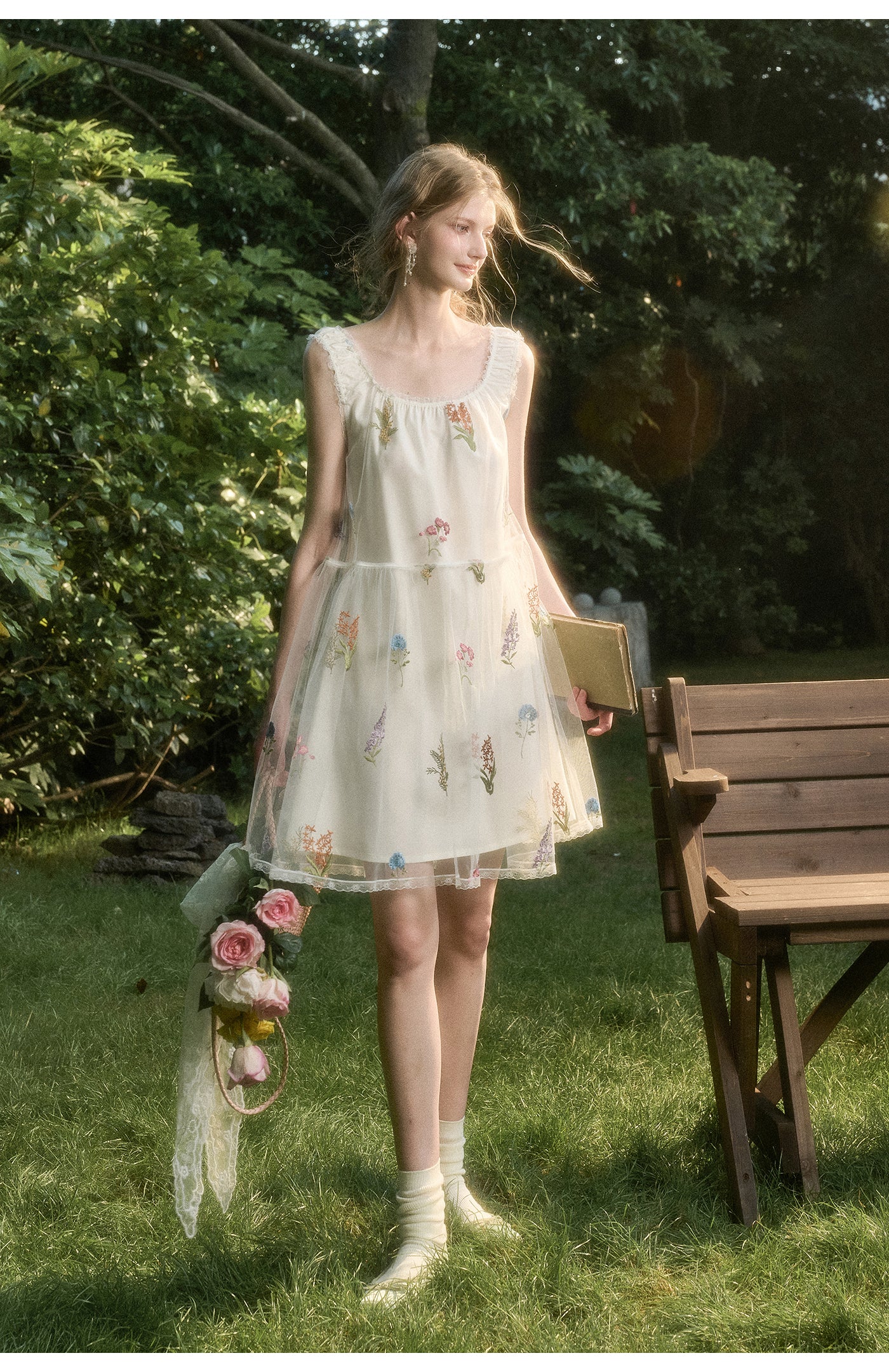 Gathered Sheer Floral Embroidered Midi Dress