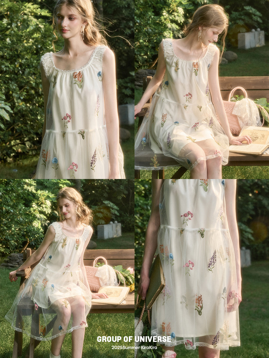 Gathered Sheer Floral Embroidered Midi Dress