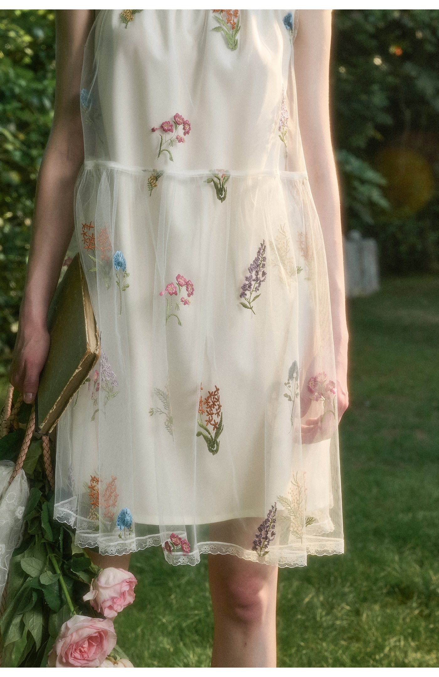 Gathered Sheer Floral Embroidered Midi Dress
