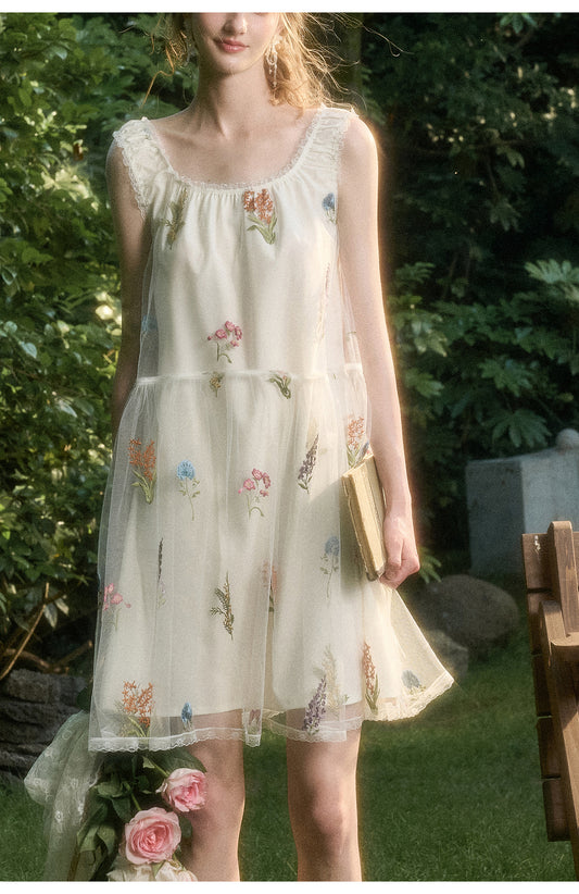 Gathered Sheer Floral Embroidered Midi Dress