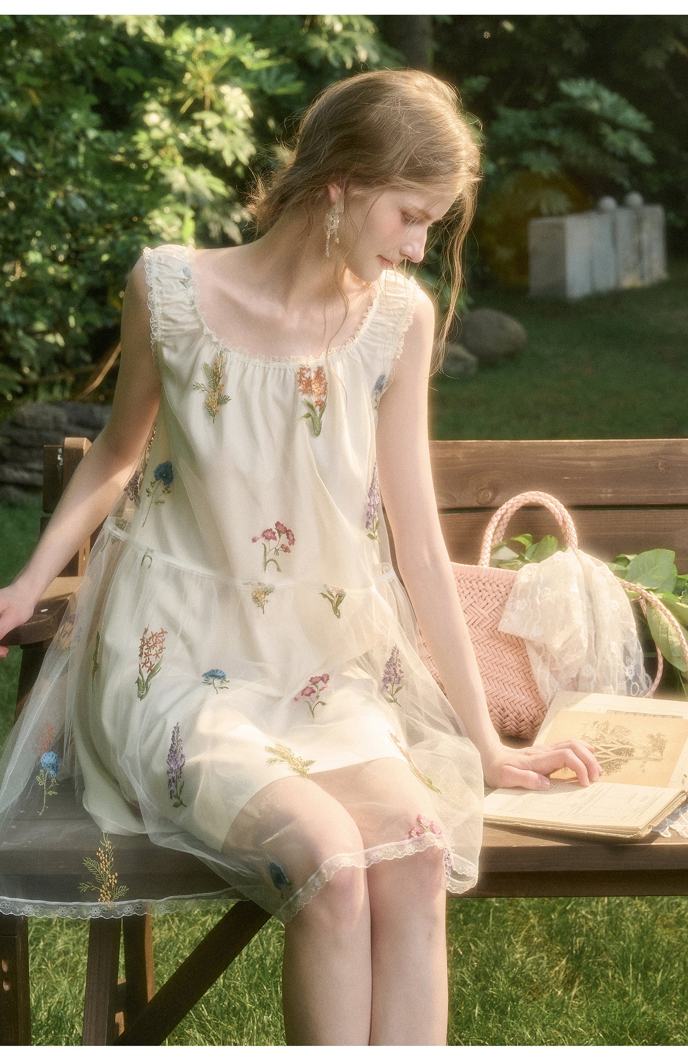 Gathered Sheer Floral Embroidered Midi Dress