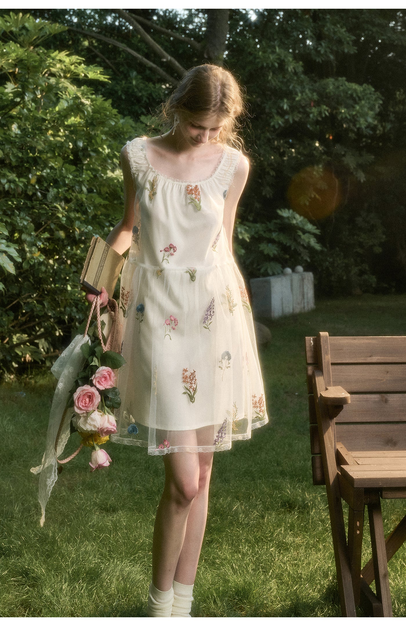 Gathered Sheer Floral Embroidered Midi Dress