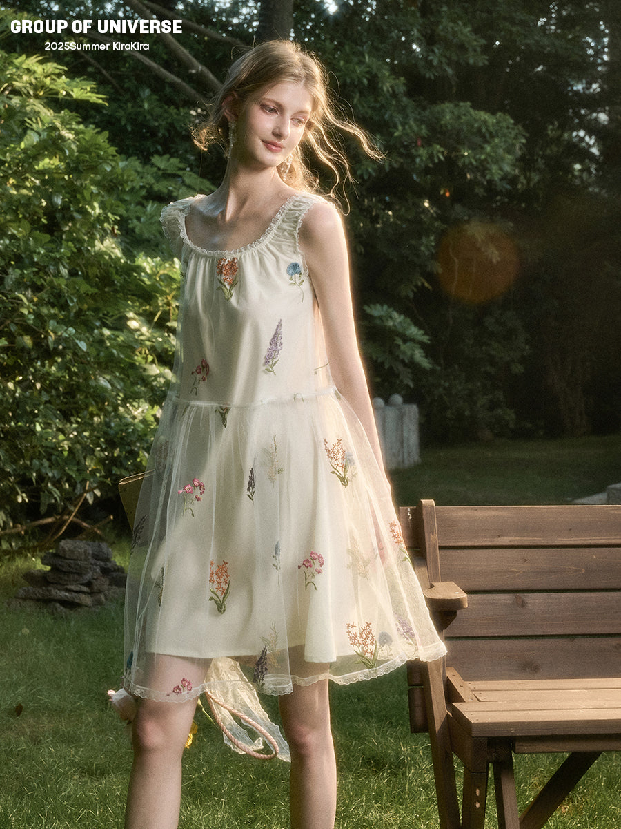 Gathered Sheer Floral Embroidered Midi Dress