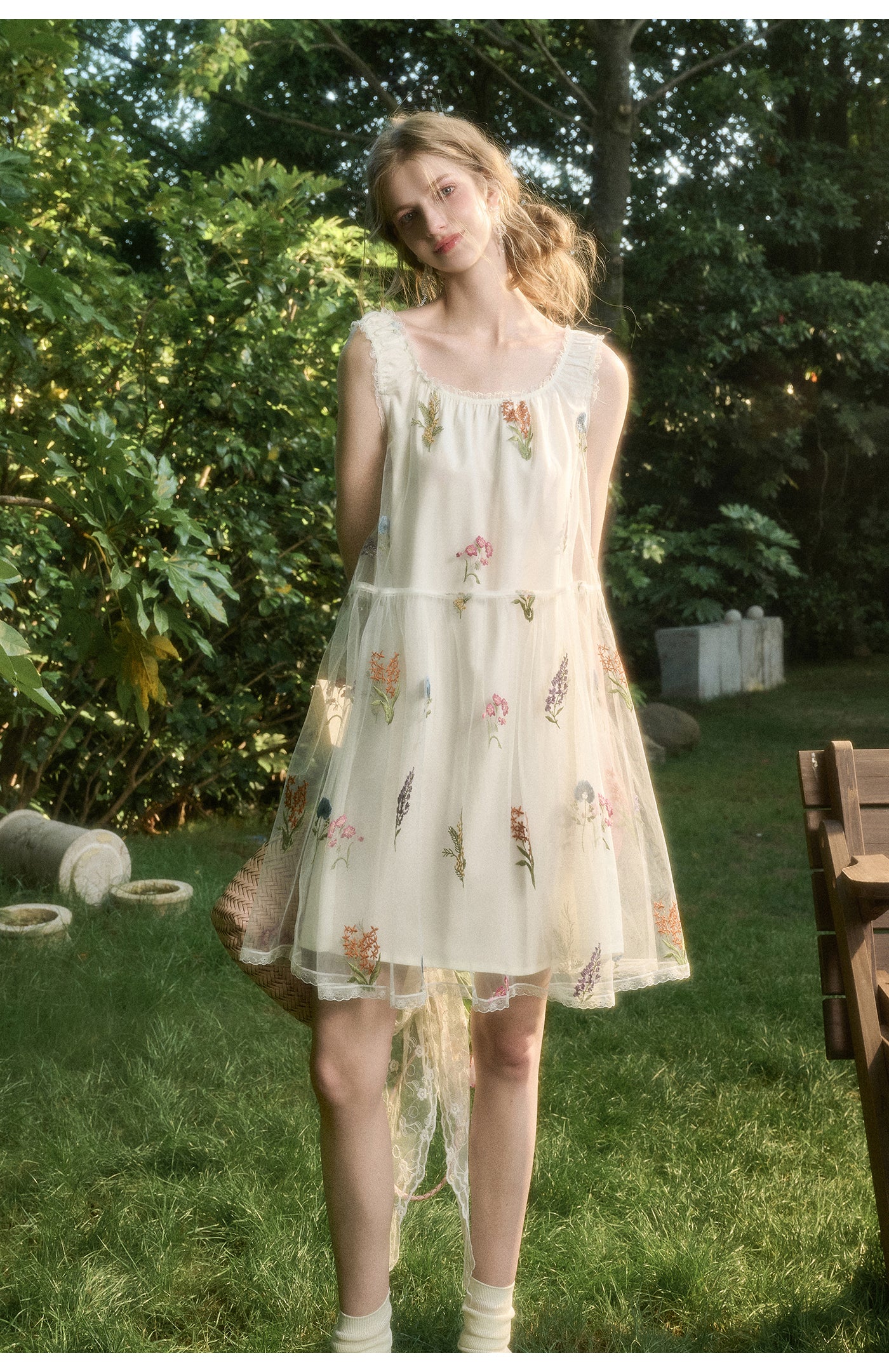 Gathered Sheer Floral Embroidered Midi Dress