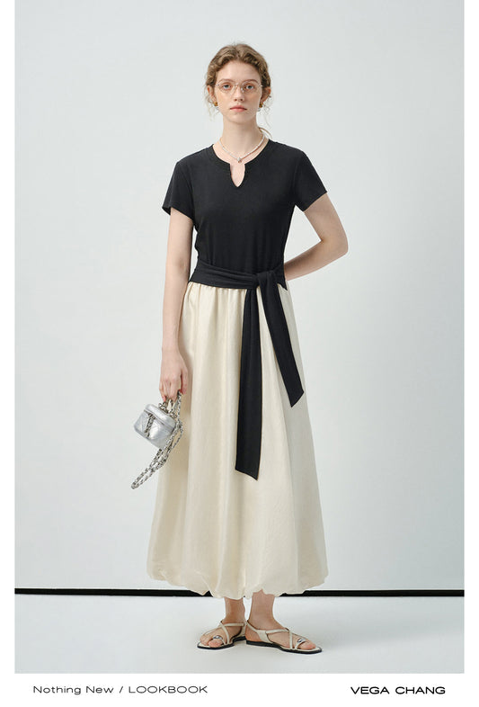 Faux Two-Piece Bubble Hem Dress With Split Neck