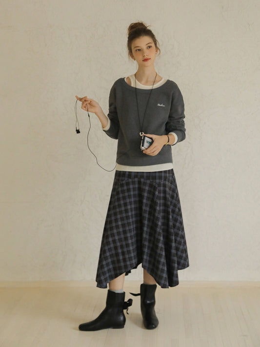 Asymmetrical Hem Plaid Yoke Skirt
