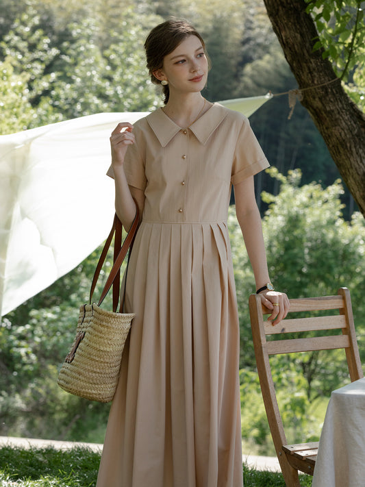Flat-Collar Pleated Shirt Dress With Ball Buttons