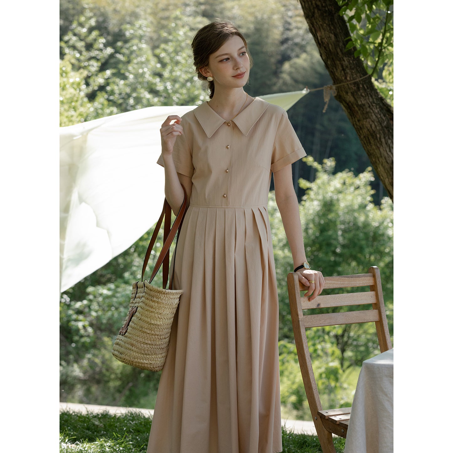 Flat-Collar Pleated Shirt Dress With Ball Buttons
